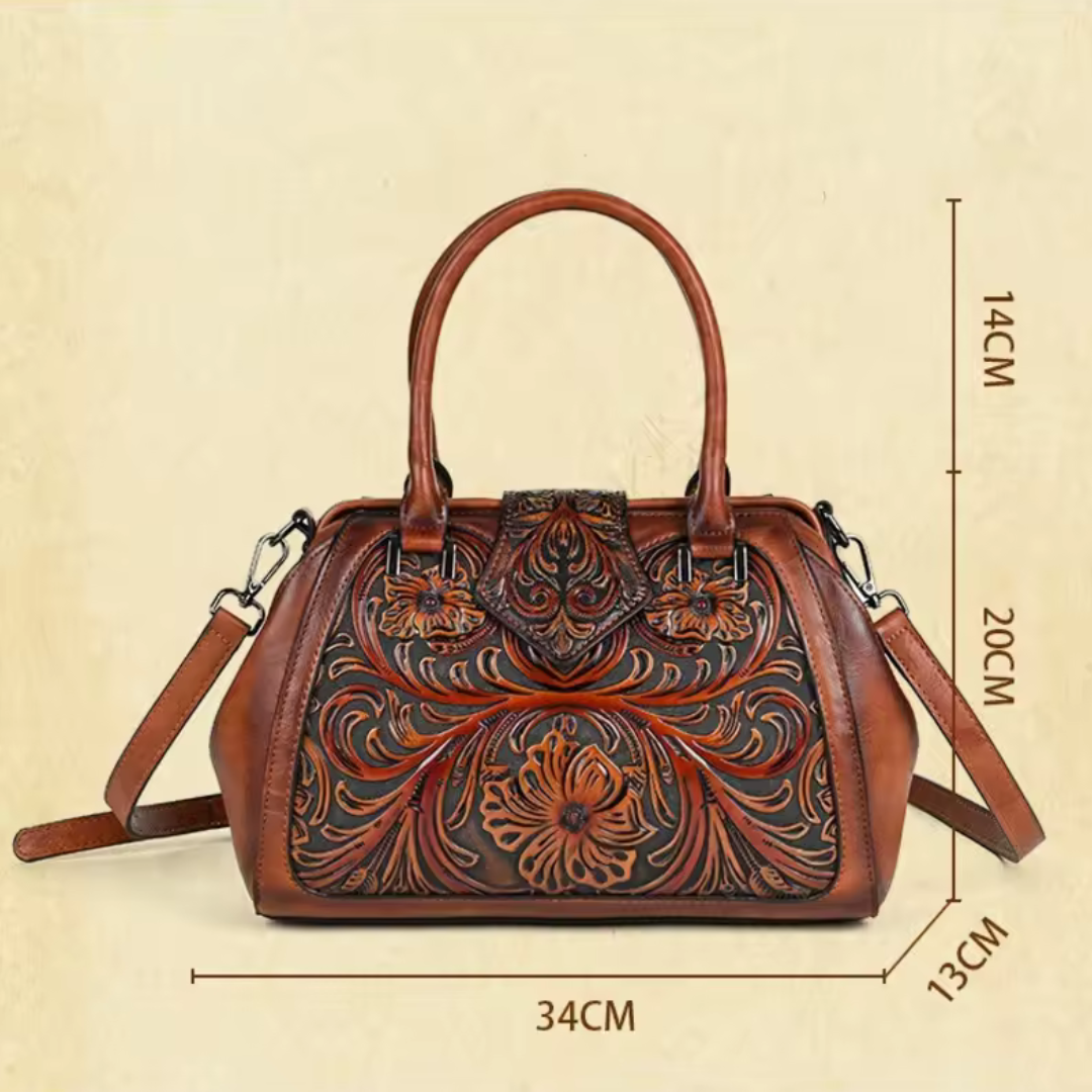 Florina - Lederhandtasche mit Gravur und floralem Design