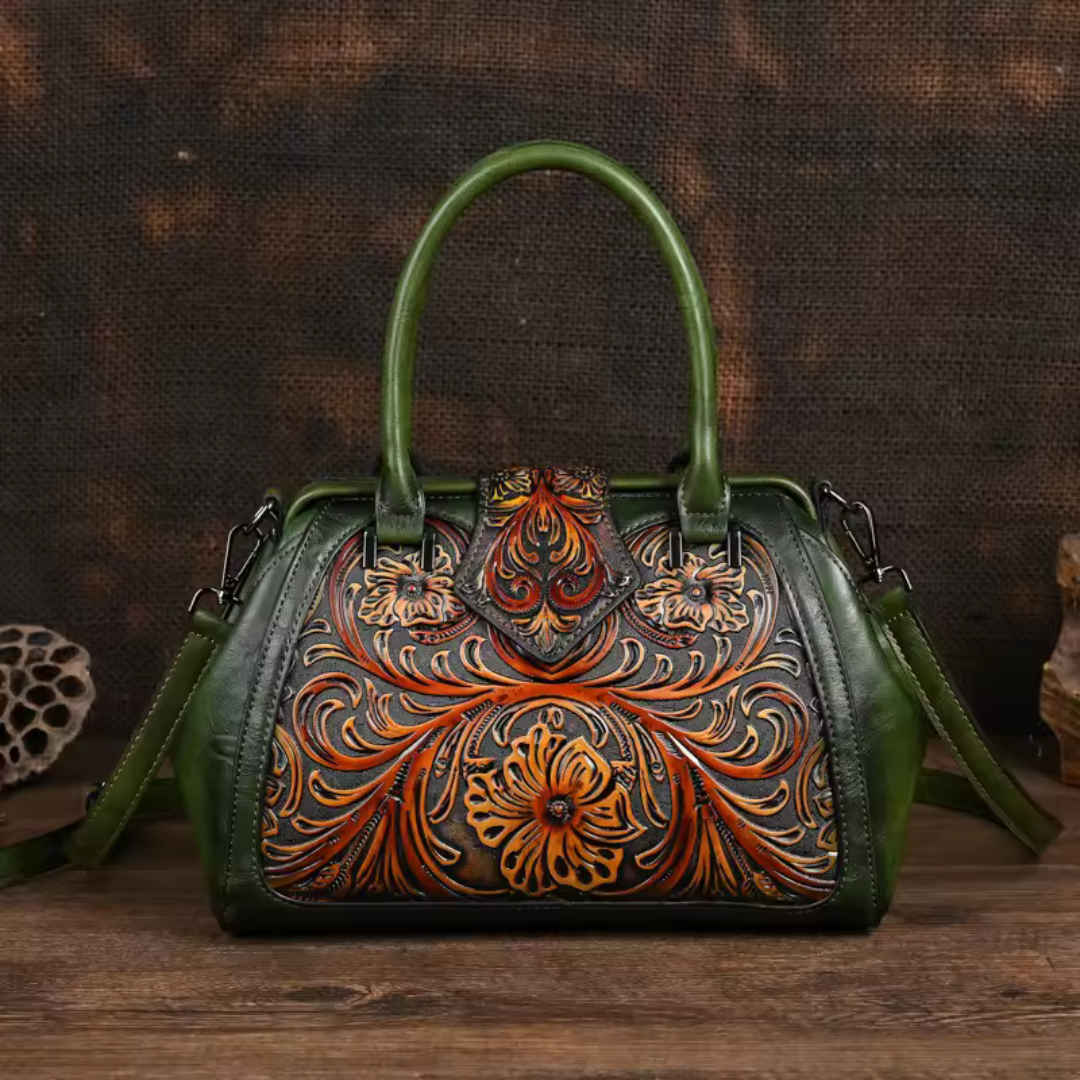 Florina - Lederhandtasche mit Gravur und floralem Design