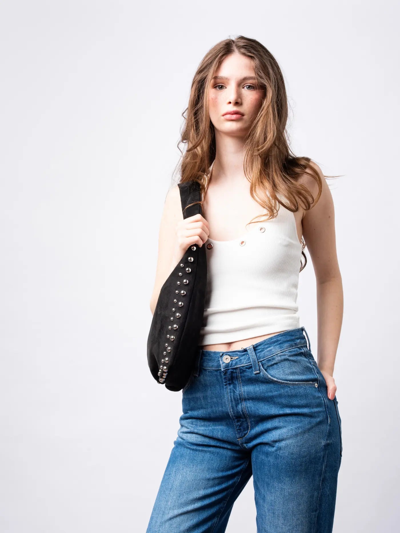 Studded Suede Shoulder Bag